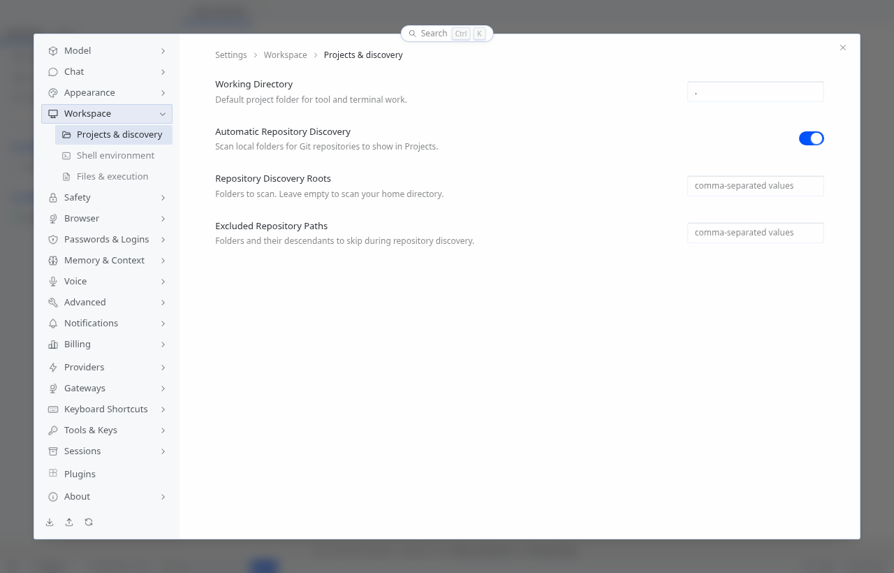 Settings Workspace Working Directory